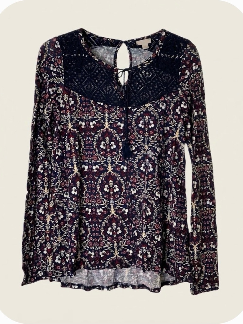 CAPE JUBY Boho Floral Lace Accent Top, Women’s PS, Multicolor